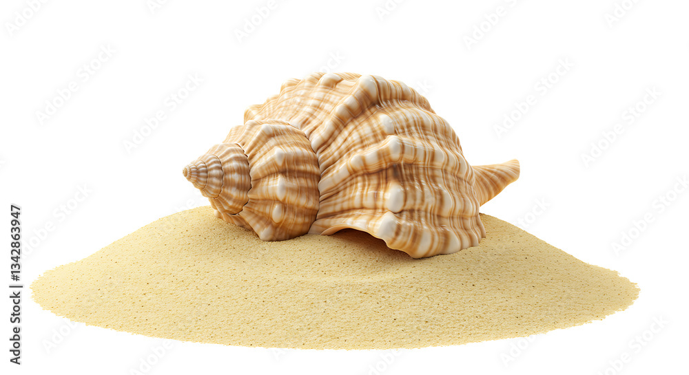 Sea shell in sand pile isolated on white, side view Sea shell in sand pile isolated on white, side view