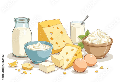 Dairy Cartoon: Milk, Cheese, Eggs, and Creamy Desserts