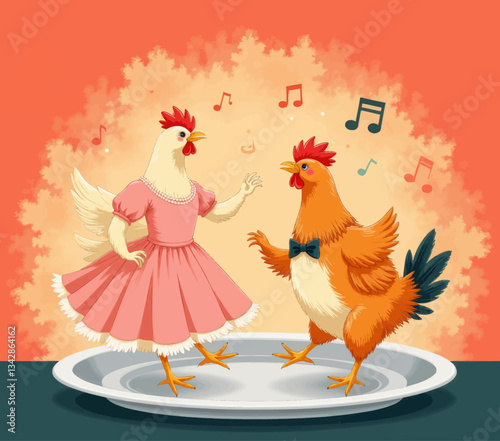 Dancing chickens on platter with musical notes overhead