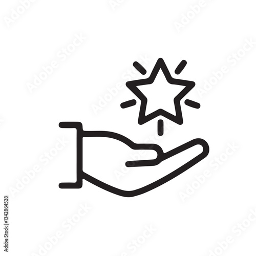 Grade quality, get reward, excellent result outline icon. Human hand holding-hugging shining star symbol. Vector illustration isolated pictograms for web on white background.