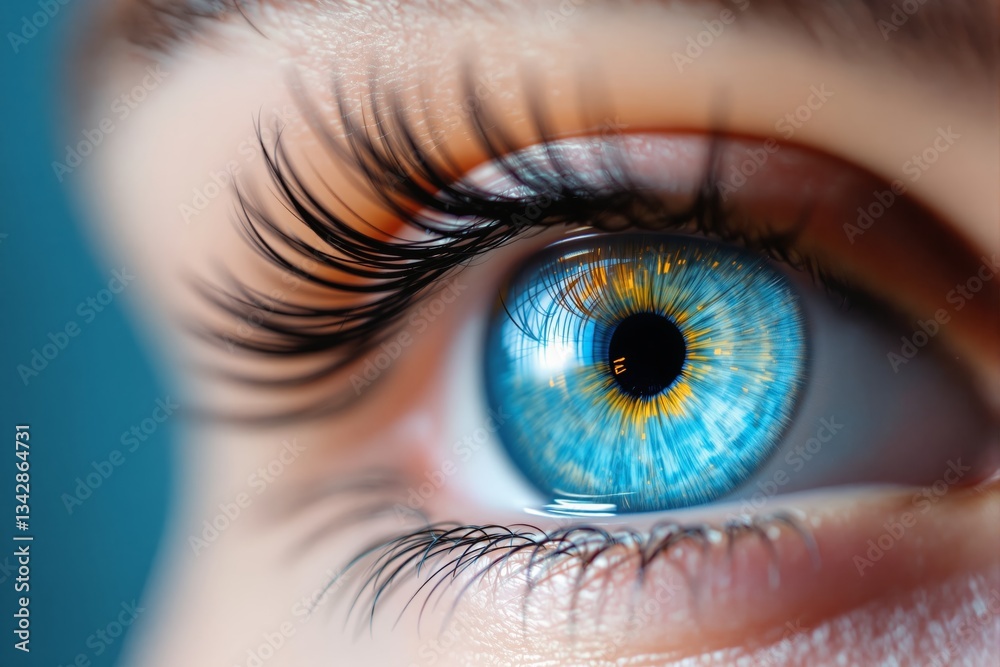 Fototapeta premium Extreme close-up of a vibrant blue human eye with intricate details.
