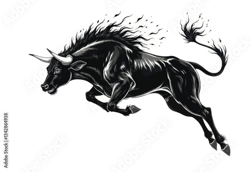 Dynamic Black Bull Leaping Graphic Illustration