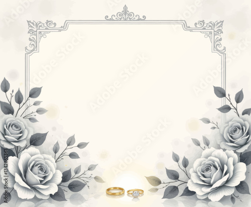 Elegant wedding invitation frame with roses and rings