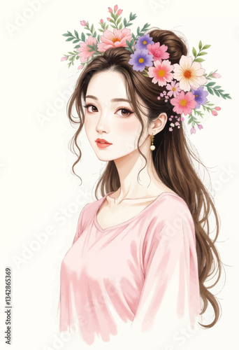 Elegant Woman with Flowers in Hair and Pink Top
