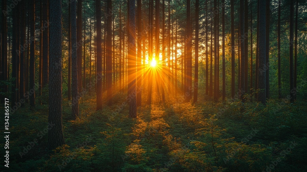 Naklejka premium Forest Sunset: Golden Rays