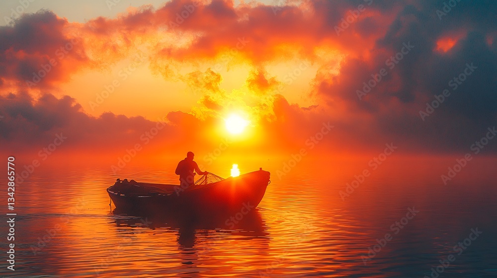Naklejka premium Basque fisherman pulling in his nets at dawn his boat silhouetted against the rising sun on the Bay of Biscay captured with a prime lens
