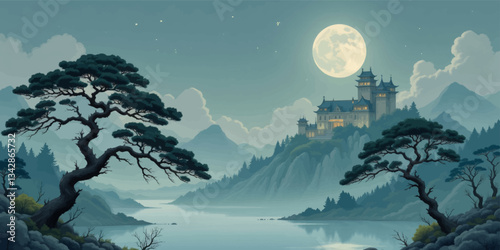 Fantasy castle under full moon with detailed bonsai trees