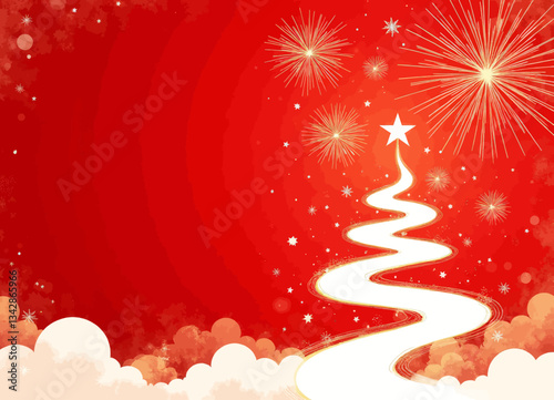 Festive Red Christmas Tree Fireworks Background