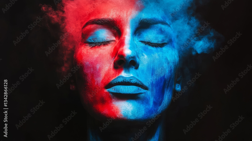 striking portrait of person with face paint in red and blue, surrounded by colorful smoke striking portrait of person with face paint in red and blue, surrounded by colorful smoke