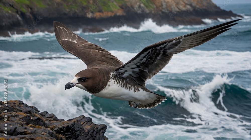 Naklejka premium Flock of Petrels Soaring in Sync Above the Choppy Ocean Waters