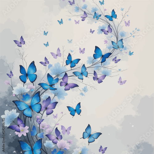Floral Cascade with Blue and Purple Butterflies