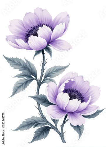 Floral botanical illustration: Purple blossoms on a white background
