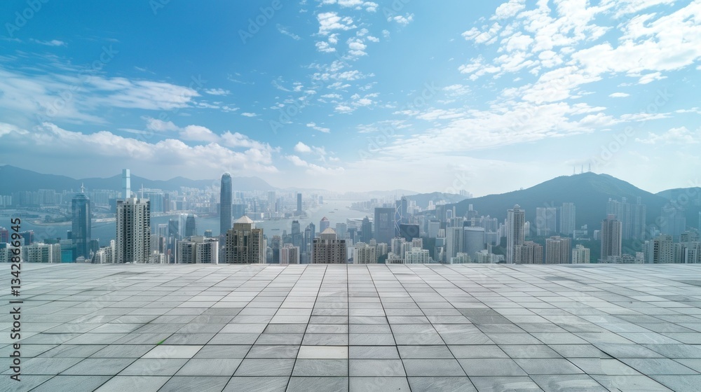 Fototapeta premium Skyscraper roof with cityscape view below.