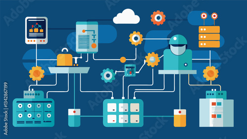 As each machine collects and stores data a complex network of algorithms work in the background continuously analyzing and optimizing production processes.. Vector illustration