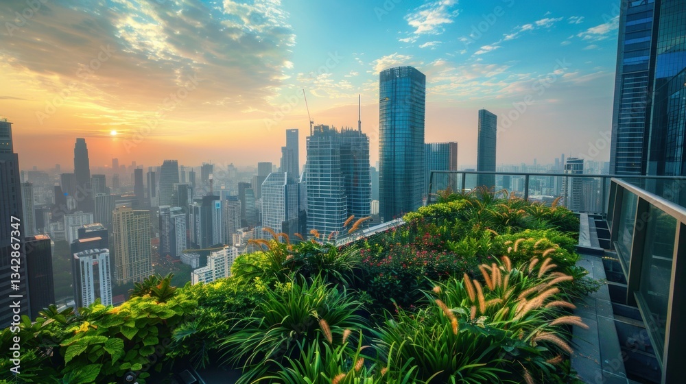 Fototapeta premium Roof garden on top of a skyscraper with city views.