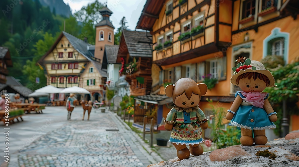 Wooden dolls posing in front of quaint European village square