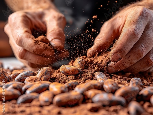 Person's hands skillfully grinding cocoa beans into a fine cocoa powder with a close-up view of the grinding process