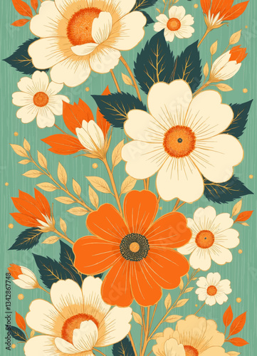 Wallpaper Mural Floral Pattern with Orange, Cream and Blue-Green Hues Torontodigital.ca