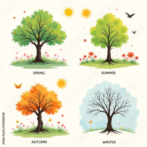 Four Seasons Tree Illustration Art: Spring, Summer, Autumn, Winter