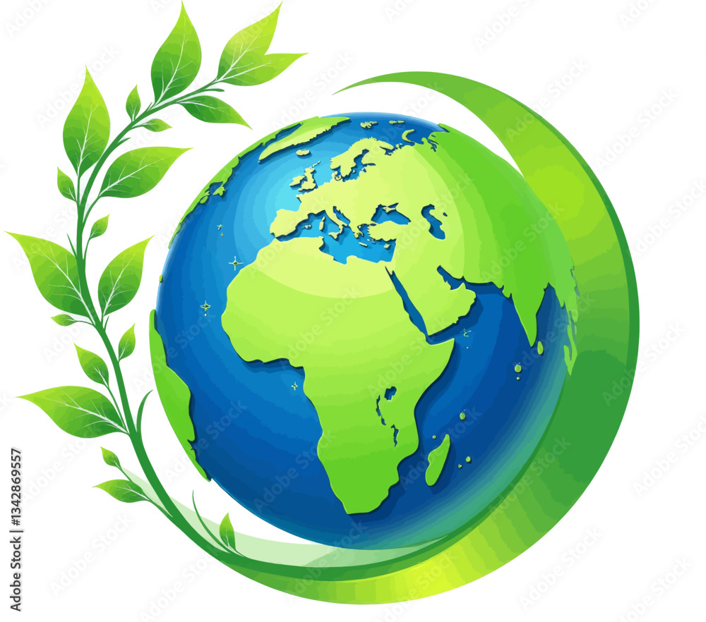Green and Blue Globe with Leafy Plant and Ribbon Green and Blue Globe with Leafy Plant and Ribbon
