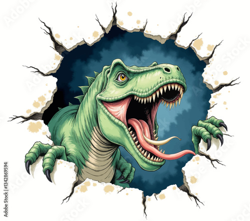 Green Dinosaur Bursting Through White Wall