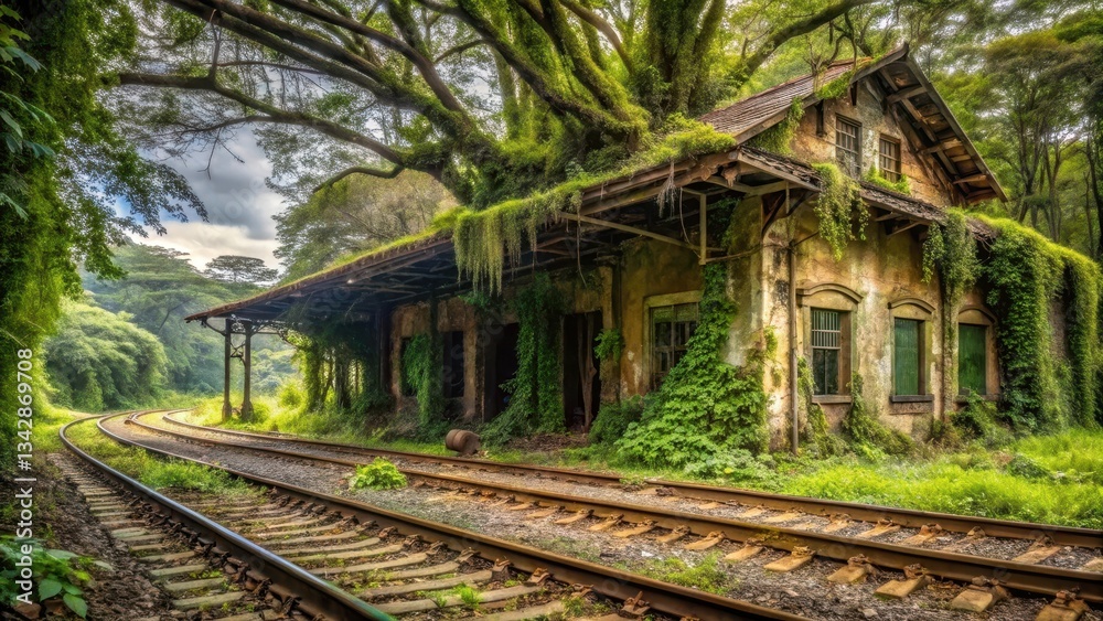 Obraz premium Overgrown Rustic Train Station Building Reclaimed by Nature's Embrace on a Railway Line