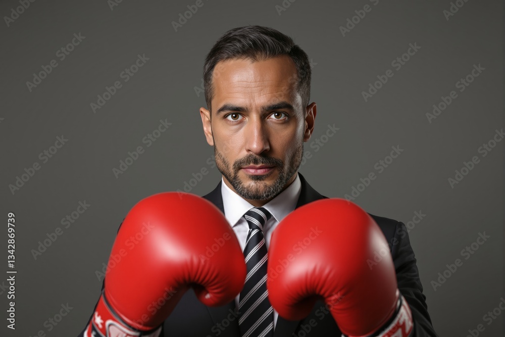 Confident businessman wearing suit and red boxing gloves, standing ready for competition. Confident businessman wearing suit and red boxing gloves, standing ready for competition.