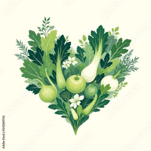 Green Vegetables and Herbs Heart Shape Illustration
