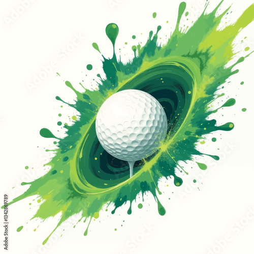 Golf ball on tee with artistic green splash background