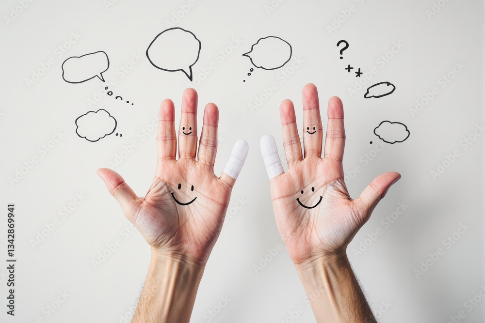 Creative concept of communication with happy faces drawn on hands. Creative concept of communication with happy faces drawn on hands.