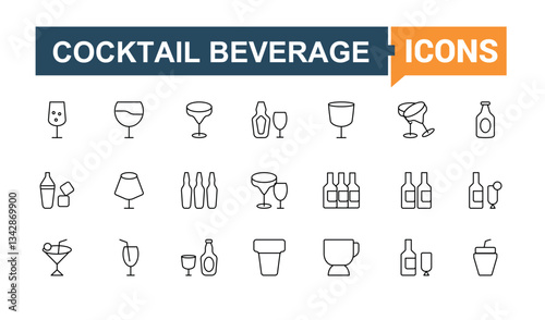 Cocktails simple icon set. It contains symbols to champagne, drink, martini, alcohol, wine, whiskey, beer and more. Perfect for logos and infographic. Drink line icon. Pixel perfect. Editable vector.