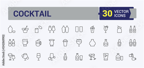 Cocktails simple icon set. It contains symbols to champagne, drink, martini, alcohol, wine, whiskey, beer and more. Perfect for logos and infographic. Drink line icon. Pixel perfect. Editable vector.