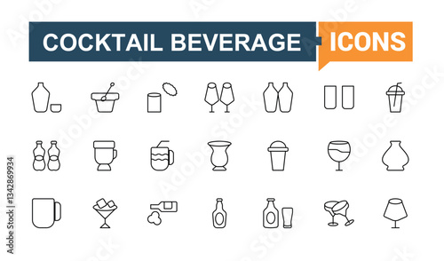 Cocktails simple icon set. It contains symbols to champagne, drink, martini, alcohol, wine, whiskey, beer and more. Perfect for logos and infographic. Drink line icon. Pixel perfect. Editable vector.