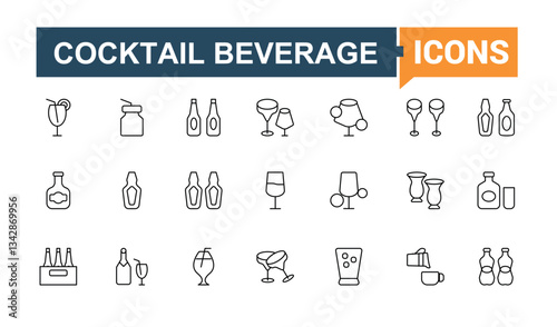 Cocktails simple icon set. It contains symbols to champagne, drink, martini, alcohol, wine, whiskey, beer and more. Perfect for logos and infographic. Drink line icon. Pixel perfect. Editable vector.