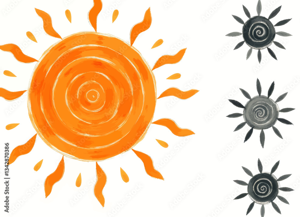 Hand-drawn orange sun and gray sunbursts on white Hand-drawn orange sun and gray sunbursts on white