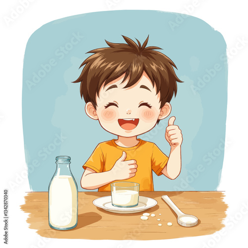 Happy cartoon boy with milk giving thumbs up