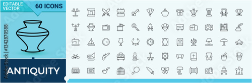Antiques simple icon set. Contains such icons as heritage, archaeology, culture, history, old and more. Thin UI icons. Historical line icon set. Signs for web and mobile app.