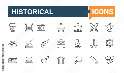 Antiques simple icon set. Contains such icons as heritage, archaeology, culture, history, old and more. Thin UI icons. Historical line icon set. Signs for web and mobile app.