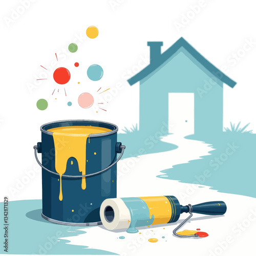 House Painting Supplies with Yellow Paint and Blue House Silhouette