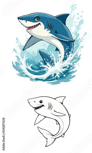 Jumping cartoon shark in color and black and white outline