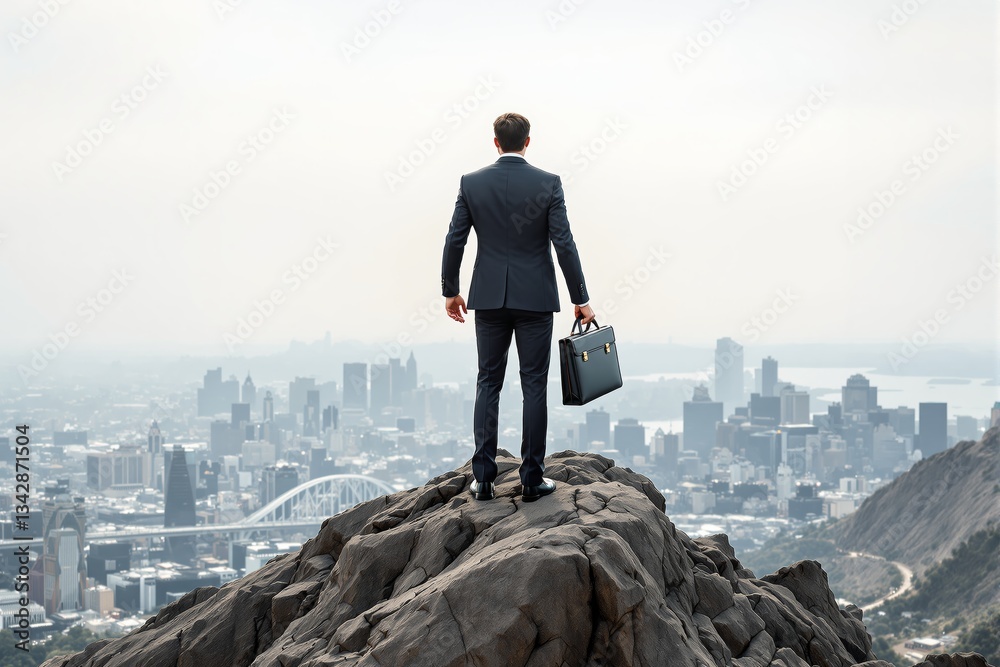 Businessman standing on mountain peak overlooking cityscape, holding briefcase. Businessman standing on mountain peak overlooking cityscape, holding briefcase.