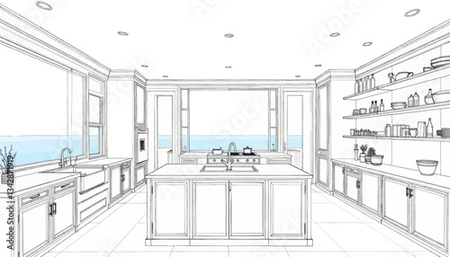 Line Drawing of a Spacious Kitchen Interior