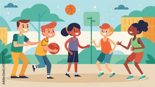 A group of friends hit the local basketball court laughing and reminiscing as they shoot hoops just like they used to do in their youth.. Vector illustration