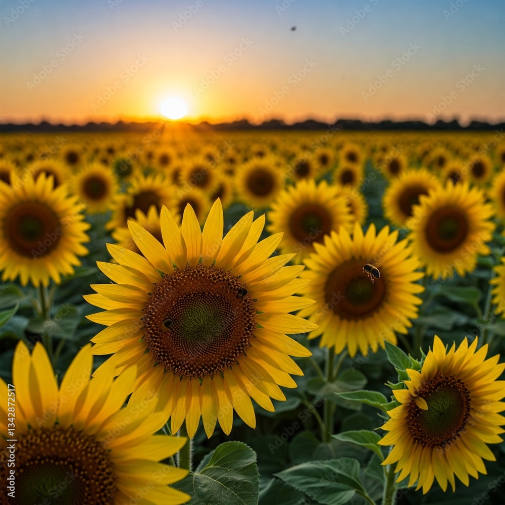 Obraz premium vibrant yellow sunflowers blooming in a field at sunset with a honeybee flying over them