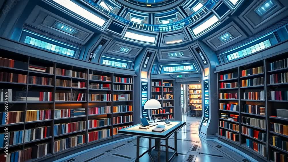 Futuristic Library Interior: A Circular Room Filled with Bookshelves, a Desk, and High-Tech Details Under a Metallic Dome