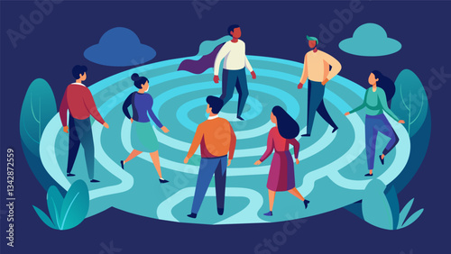 A group of individuals walks together in silence through a labyrinth connecting with each other and the space around them as they take each mindful step.. Vector illustration