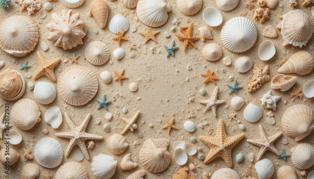 Seashells and Starfish on Sand A Charming Beach Motif Seashells and Starfish on Sand A Charming Beach Motif
