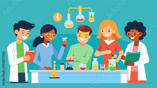 The club members are gathered around a table using test tubes and pH paper to conduct experiments and test the acidity of different household liquids.. Vector illustration