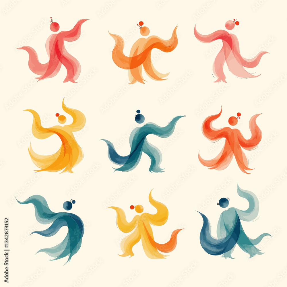 Nine Colorful Abstract Dancing Figures Art Nine Colorful Abstract Dancing Figures Art