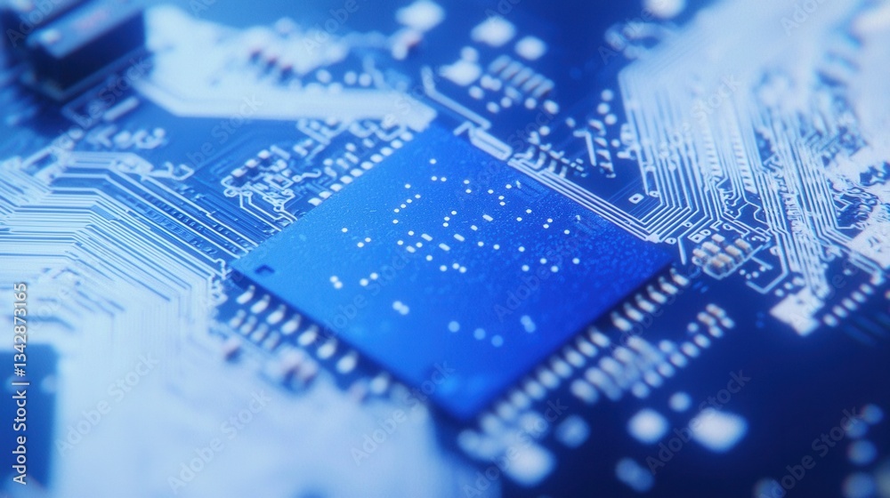 Close-Up View of Microchip on Circuit Board with Blue Design